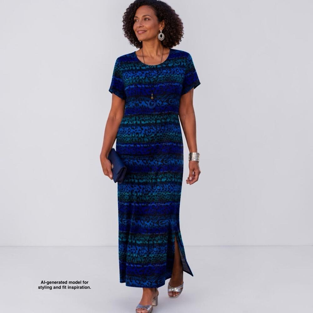 Vintage Miss Dorby Blue Teal Animal Print Maxi Dress 16P Art to Wear Plus Petite